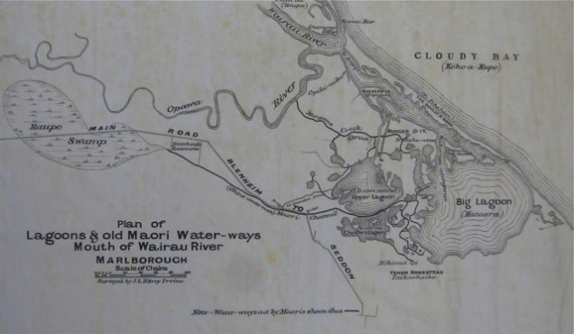 Plan of lagoons and channels dug by Maori at the mouth of the Wairau River, drawn by J.L. D'Arcey Irvine. Alexander Turnbull Library, MapColl 832.2gmtb [pre-1840] Acc. 120