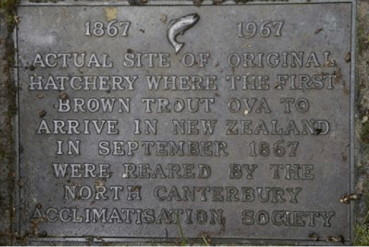 Commemorative plaque marking the site of the original hatchery where Johnson raised trout. Photo by J. Kos.